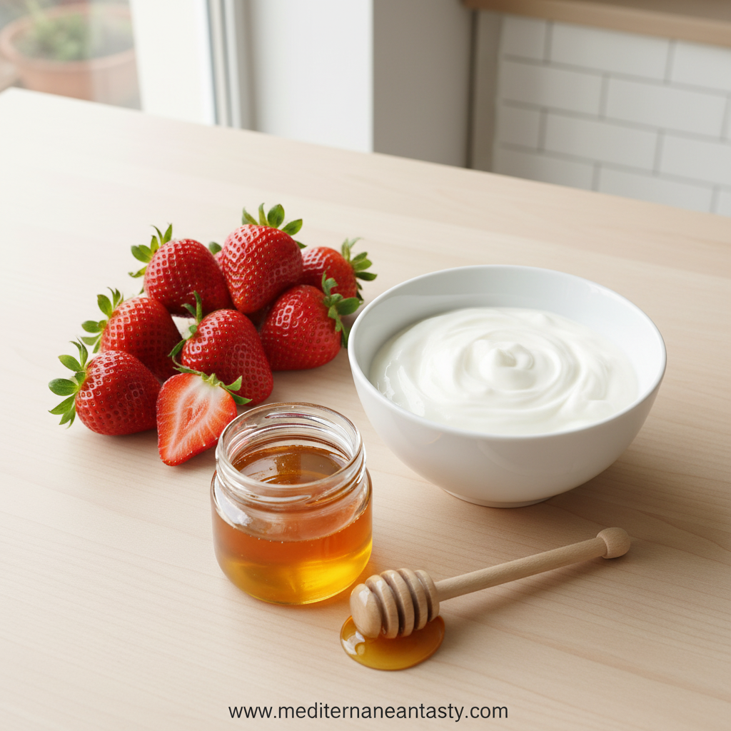 Fresh strawberries, Greek yogurt, honey, and lemon juice arranged for making frozen yogurt