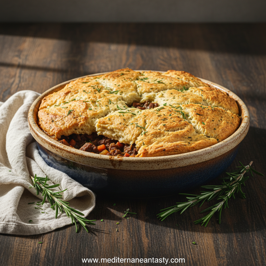 Herbed biscuit beef pot pie served in a dish