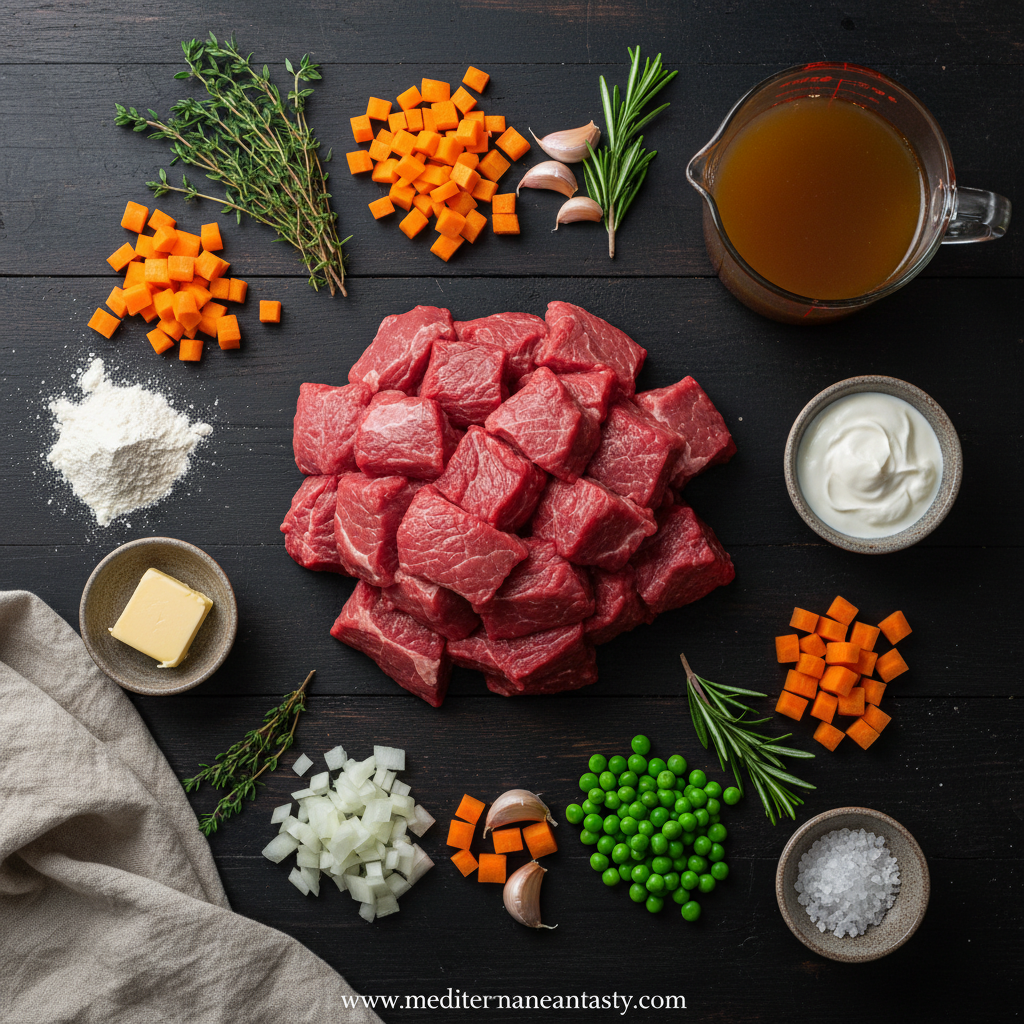 Ingredients for herbed biscuit beef pot pie