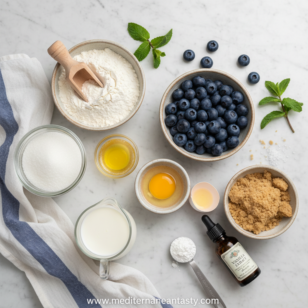 Ingredients for blueberry muffins with crumble top