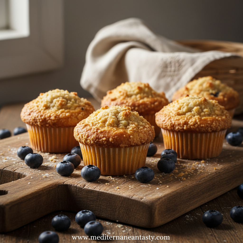 Fluffy blueberry muffins with crumble topping
