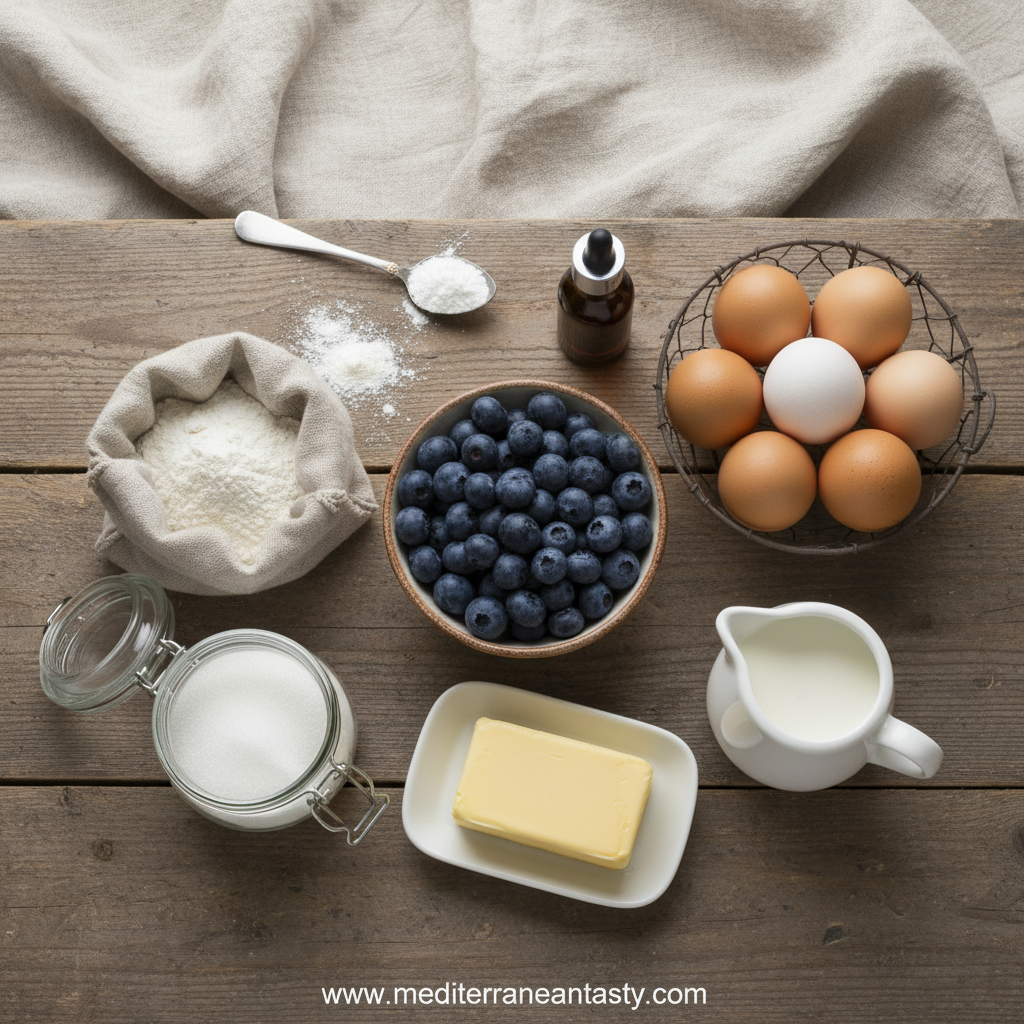 Ingredients for blueberry muffins with crumble topping