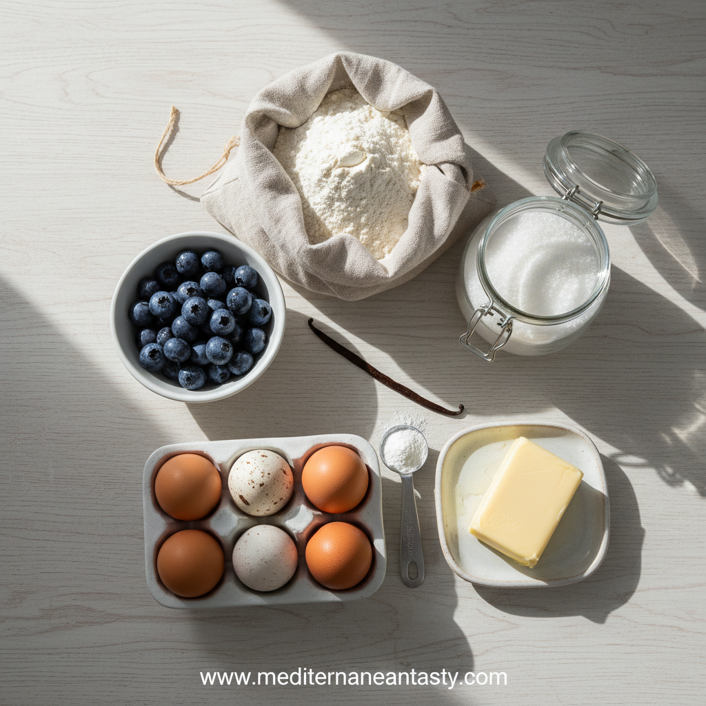 Ingredients for blueberry muffins with crumble topping