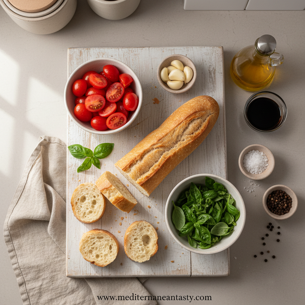Fresh ingredients for Bruschetta Al Pomodoro