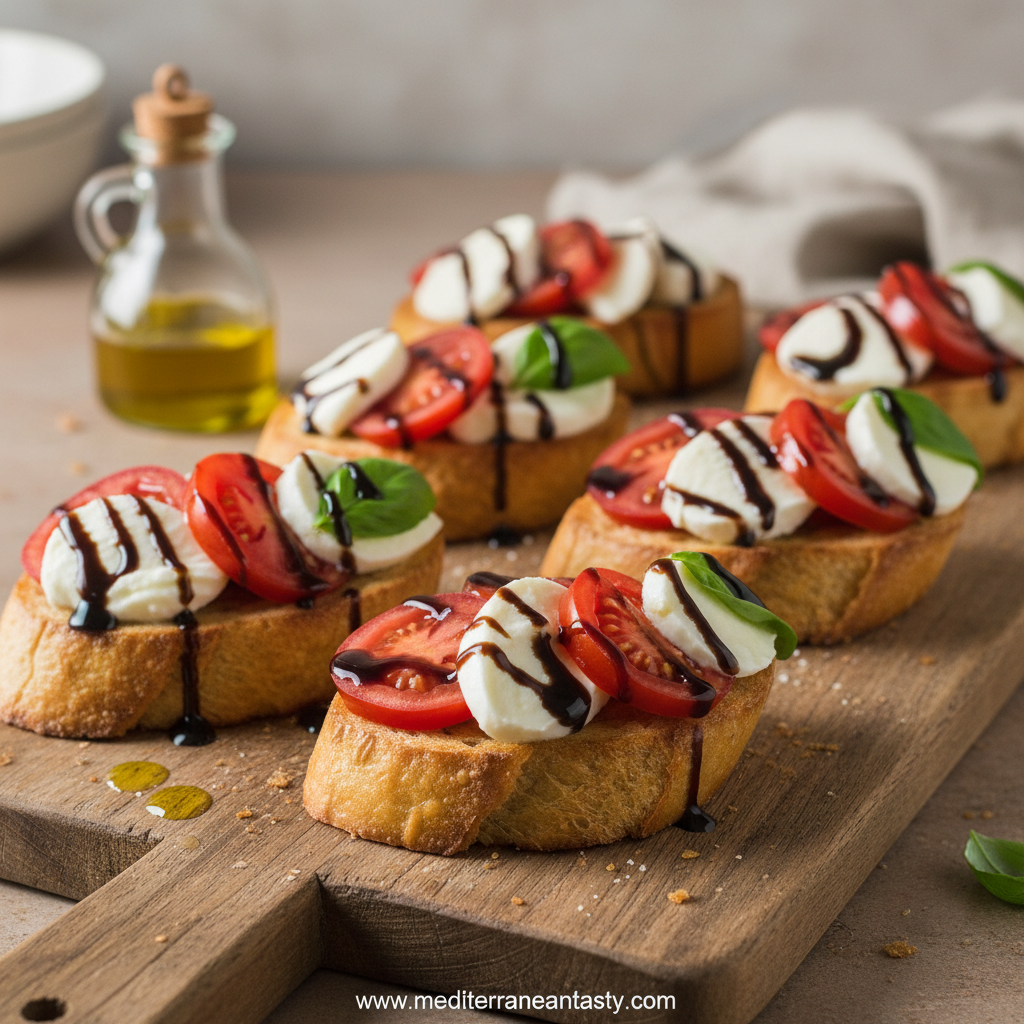 Caprese Bruschetta on a wooden board
