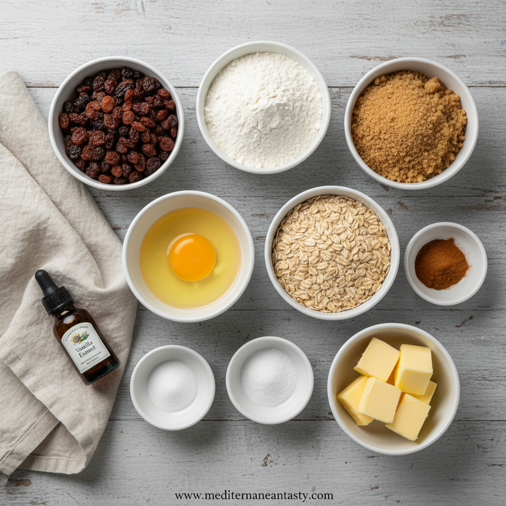 Ingredients for chewy oatmeal cookies