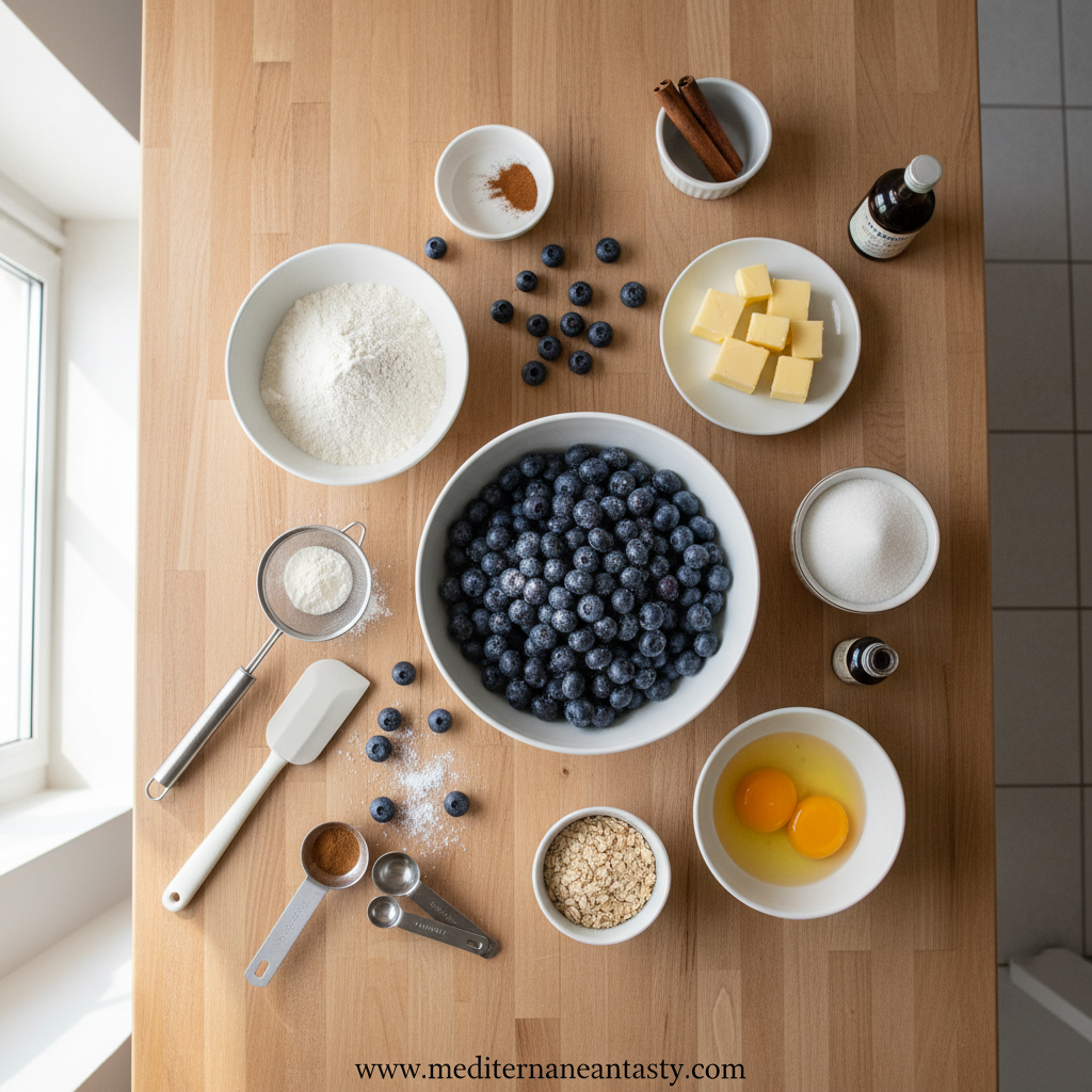 Ingredients for blueberry muffins with crumble topping