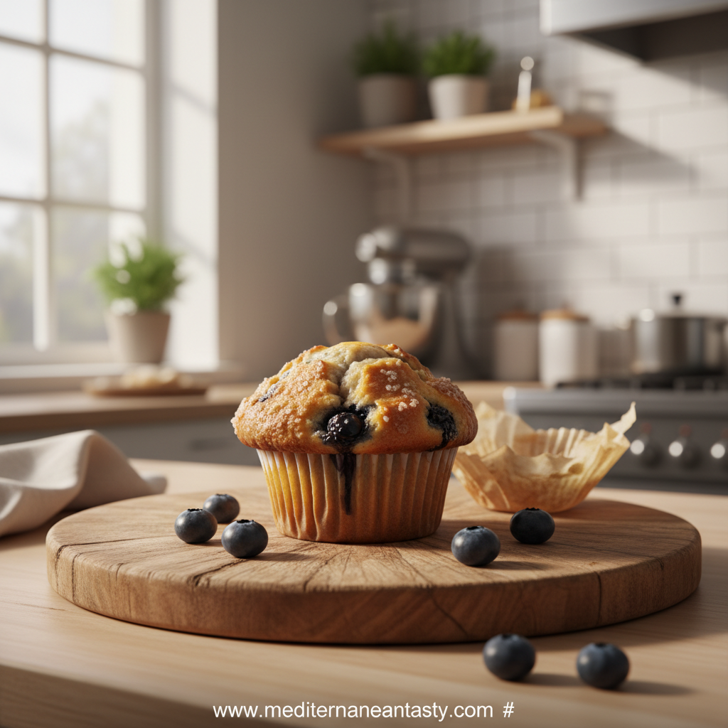 Freshly baked blueberry muffins with a golden dome top