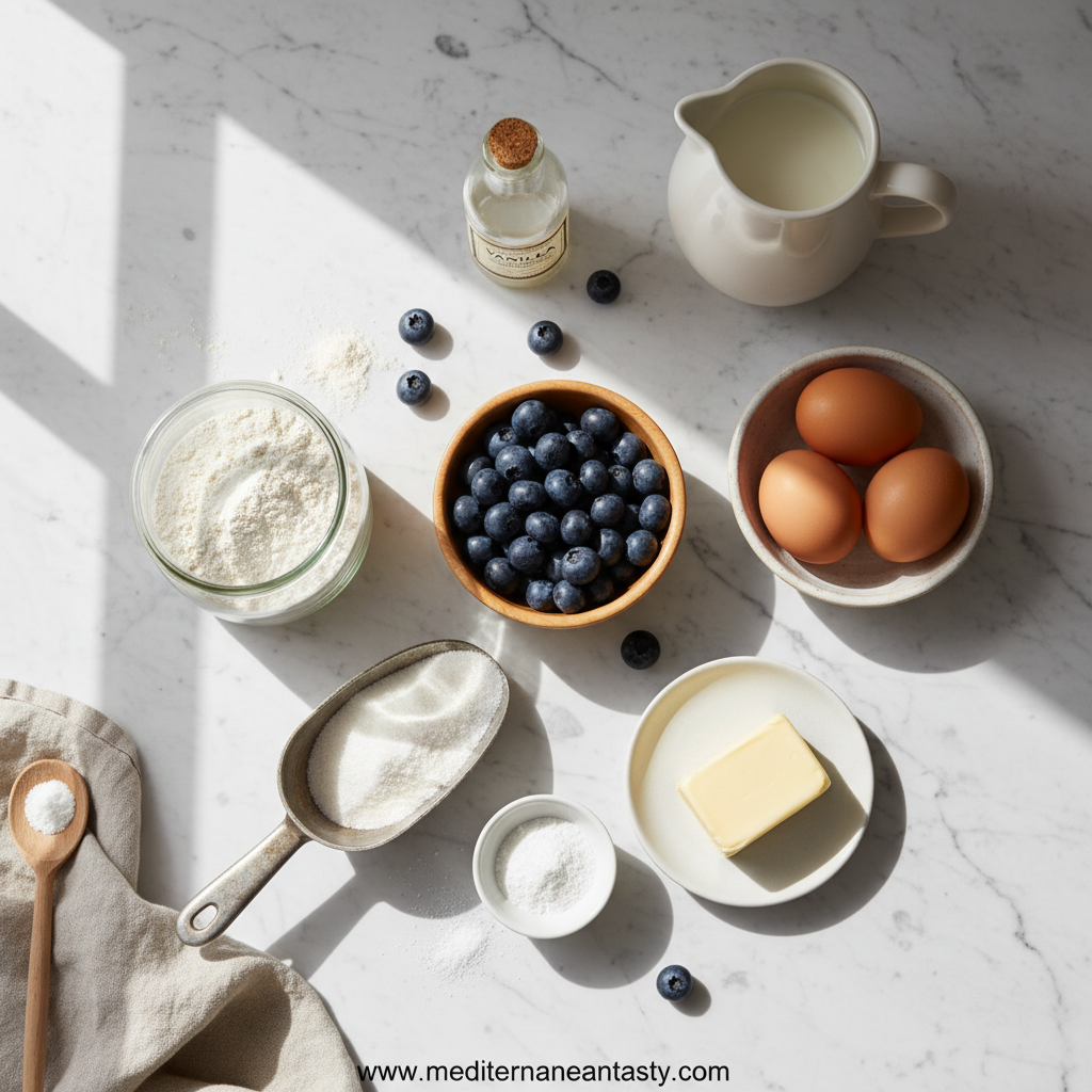 Ingredients for blueberry muffins: flour, sugar, blueberries, eggs, butter, and more