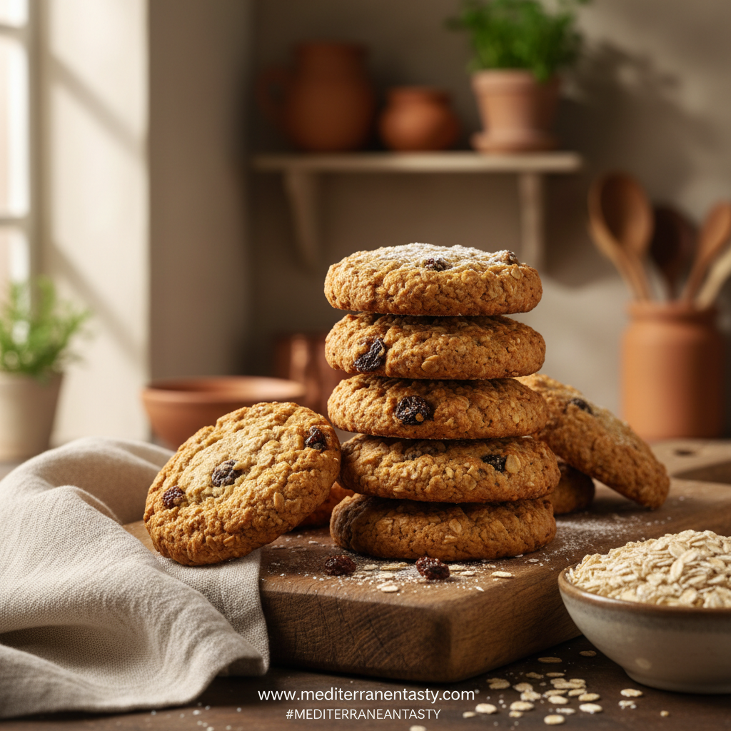Chewy oatmeal cookies on a baking tray