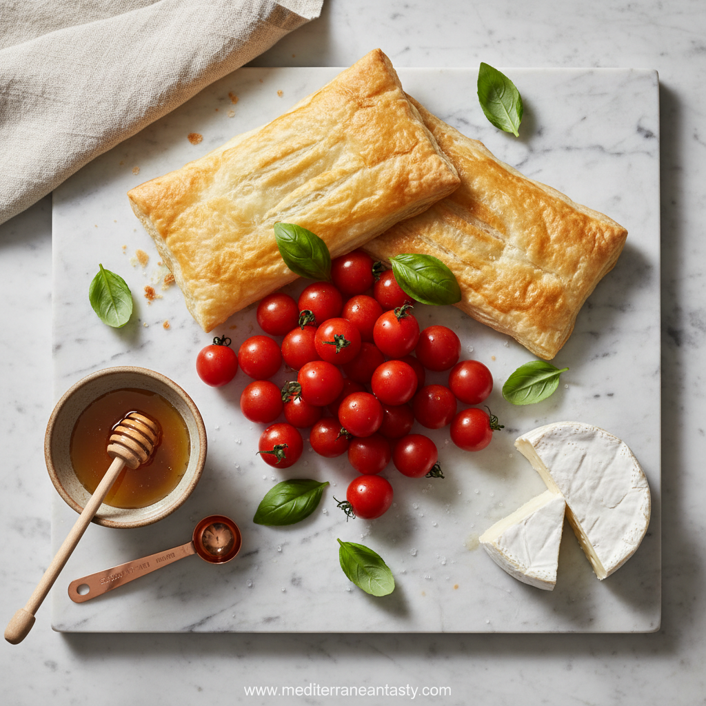 Fresh ingredients for the tomato tart including tomatoes, herbs, and pastry dough.