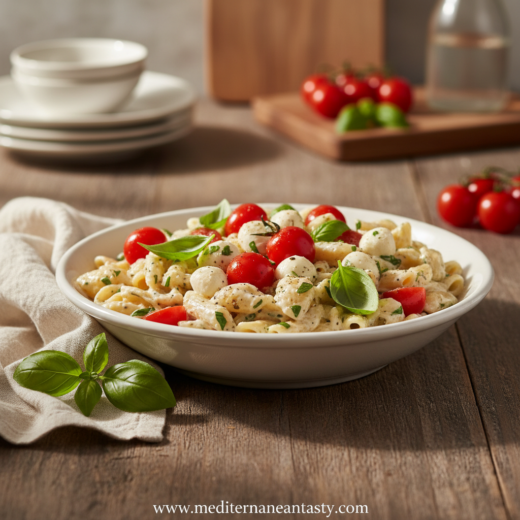 Easy Creamy Caprese Pasta Salad served in a bowl