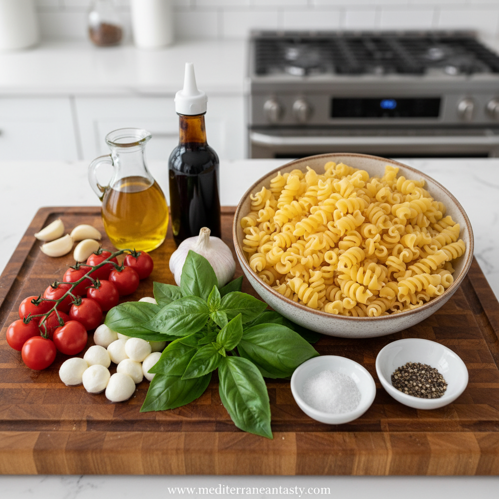 Ingredients for Easy Creamy Caprese Pasta Salad
